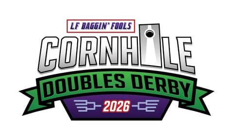 LF Haggin Fools Cornhole Doubles Derby 2026 logo with cornhole board and green banner