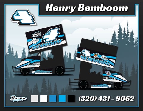 Henry Bemboom sprint car racing team logo and vehicle designs with pine forest background and contact number (320) 431-9062