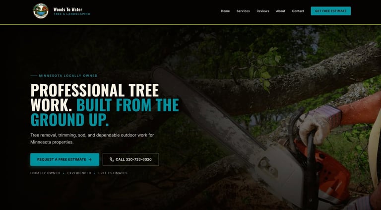 Professional tree service worker using chainsaw to cut branches with tagline Professional Tree Work, Built from the Ground Up