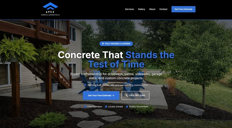 Concrete patio and driveway with landscaping, overlaid with website header promoting concrete services with call-to-action buttons