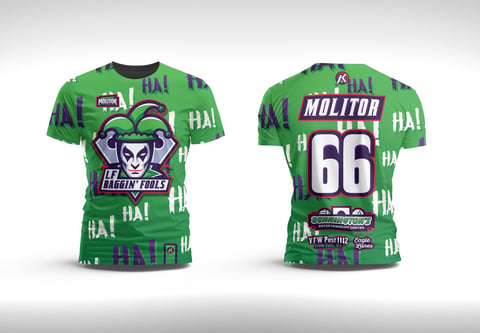 Front and back view of green t-shirt with jester logo and MOLITOR 66 jersey design