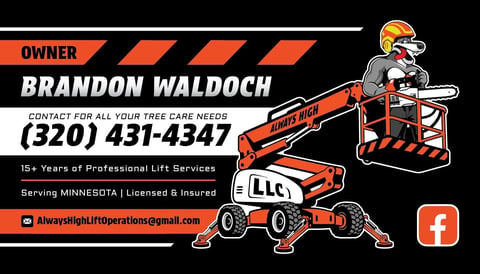 Business card for Brandon Waldochs tree care company featuring orange aerial lift truck logo and contact information