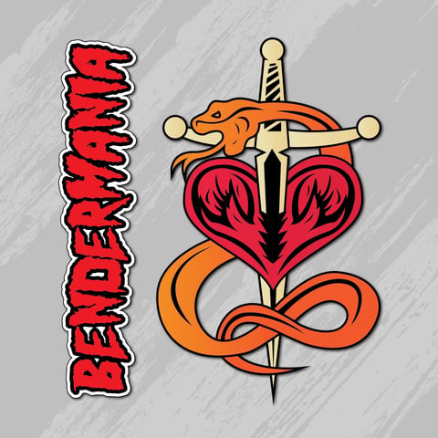 Tattoo-style graphic with red broken heart pierced by a dagger, orange serpent, and the text Be Fearless on gray background