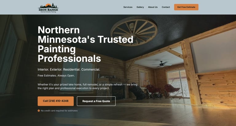 Home Scape painting company website header showing interior room with wooden beams and text about Northern Minnesotas trusted painting professionals