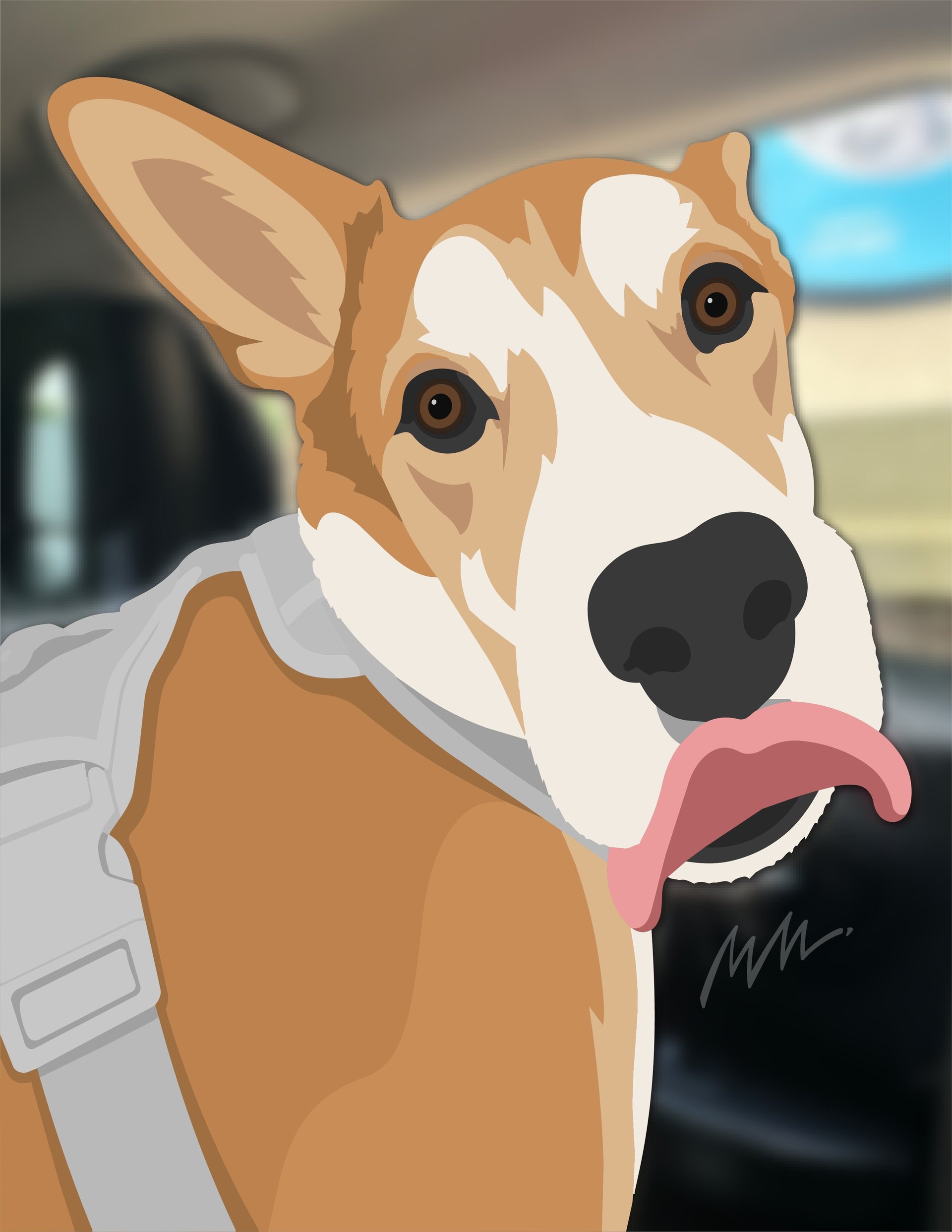 Illustrated portrait of a tan and white Corgi with tongue out, wearing a harness, against a blurred background