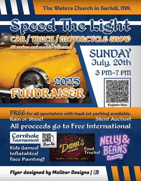 Speed the Light 2025 car show fundraiser flyer for The Waters Church in Sartell, MN on Sunday July 20th