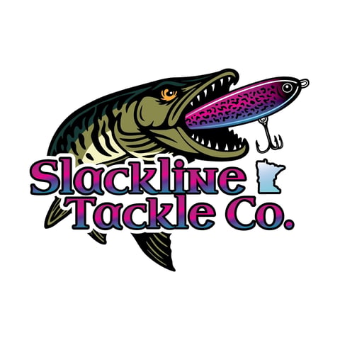 Slackline Tackle Co. logo featuring an aggressive pike fish with a purple lure in its mouth, company name in purple text below.