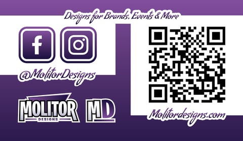 Purple business card for Molitor Designs showing social media icons, logo, QR code, and website molitordesigns.com