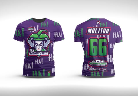 Front and back view of a purple t-shirt with joker character design and number 66, displayed on white background